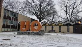 QU Sign in front of Helein Hall Winter Time